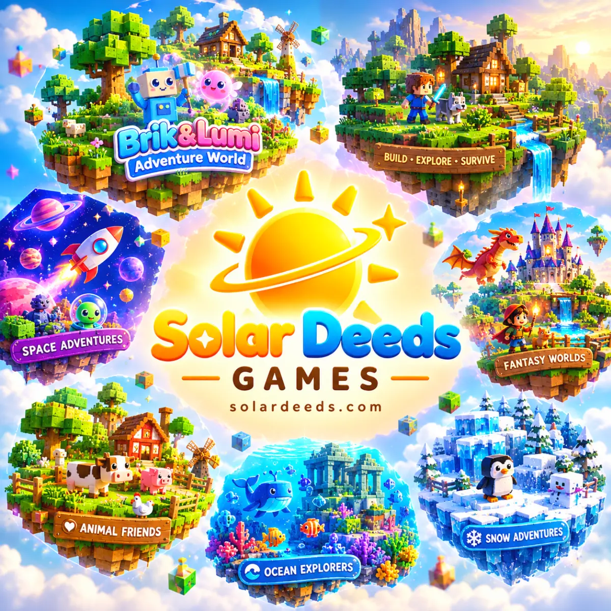 Solar Deeds Games — upcoming games for kids: Brik & Lumi, Build Explore Survive, Space Adventures, Fantasy Worlds, Animal Friends, Ocean Explorers, Snow Adventures